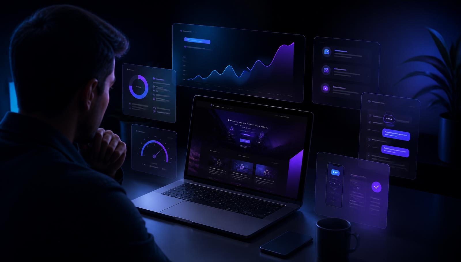 A modern business website on a MacBook surrounded by floating SEO, speed and analytics panels