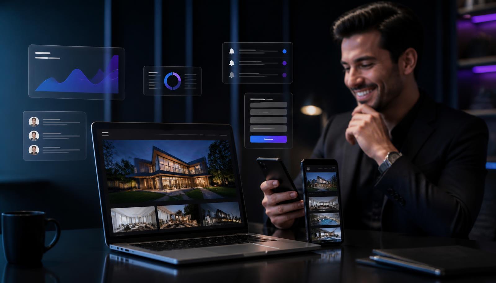 Business owner smiling at a laptop and phone showing a premium responsive website, surrounded by floating analytics and lead notification panels in a dark blue and purple lit office