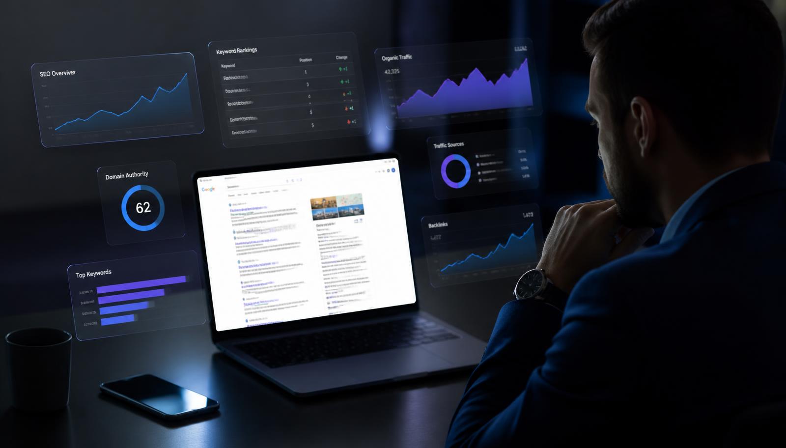Business owner reviewing Google search rankings on a laptop surrounded by floating SEO analytics, keyword graphs and organic traffic charts in a dark blue and purple lit office